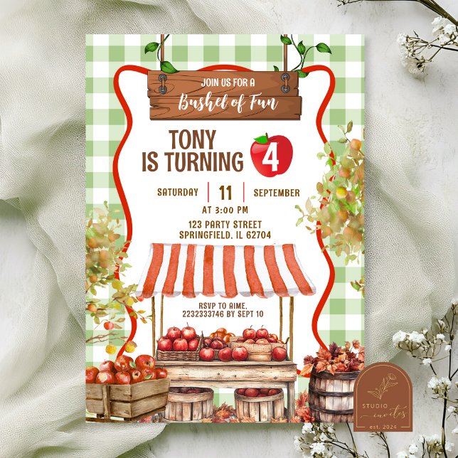 Green Plaid Quirky Apple Orchard Birthday Invitation (Creator Uploaded)