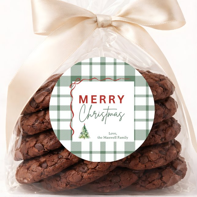 Green Plaid Red Bow Rustic Merry Christmas Sticker (Green Plaid Red Bow Rustic Merry Christmas Sticker)