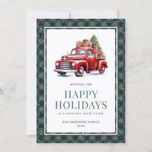 Green Plaid Red Truck Tree Happy Holidays Card