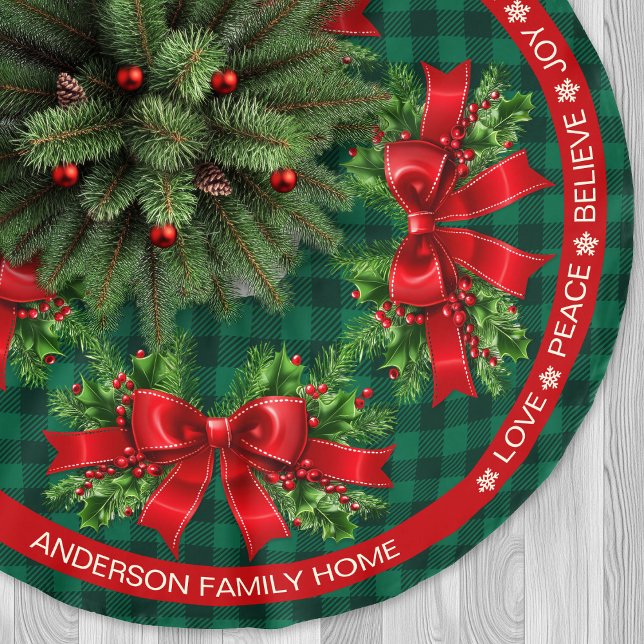 Green Plaid Ribbon Holly Festive Words Christmas Brushed Polyester Tree Skirt (Green Plaid Ribbon Holly Festive Words Christmas Brushed Polyester Tree Skirt)