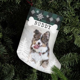Green Plaid Rustic Pine Trees Dog Bone Pet Photo Small Christmas Stocking