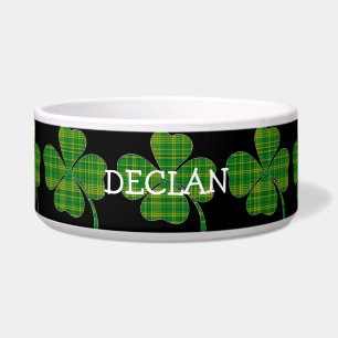 Green plaid shamrock personalised black dog bowl