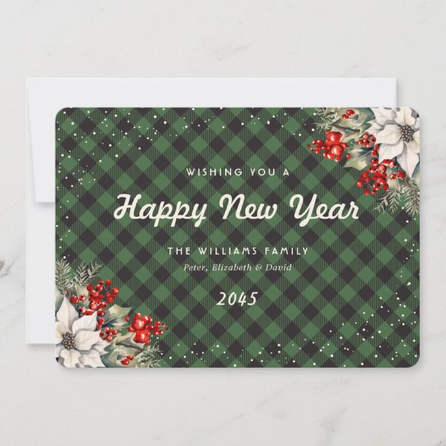 Green Plaid Snow Botanical New Year Card (Front)