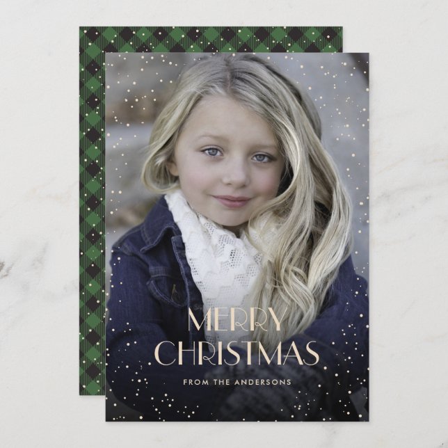 Green Plaid Snow Photo Christmas Cards (Front/Back)