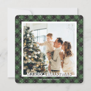 Green Plaid Snow Photo Merry Christmas Holiday Card