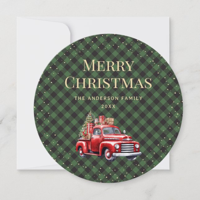 Green Plaid Snow Red Truck Merry Christmas Card (Front)