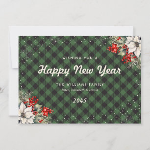 Green Plaid Snowflake Botanical New Year Card