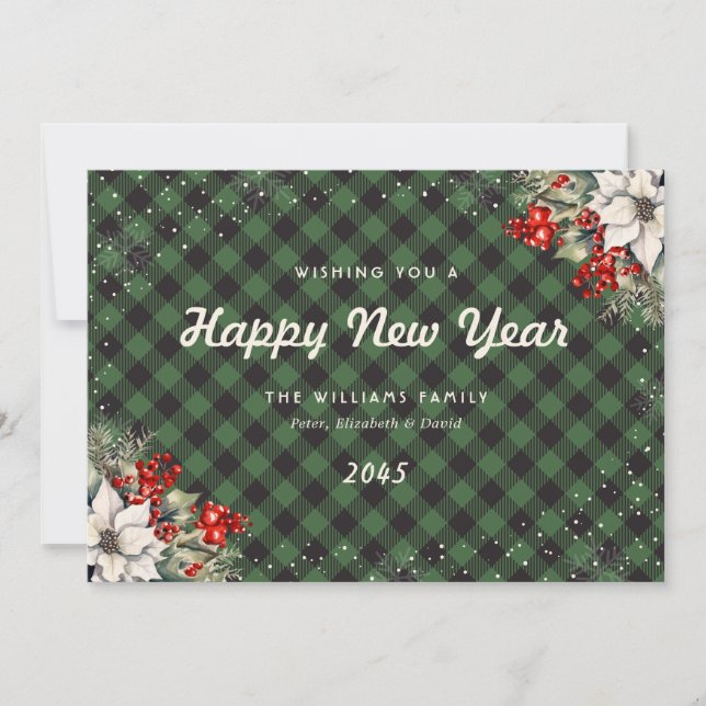 Green Plaid Snowflake Botanical New Year Card (Front)