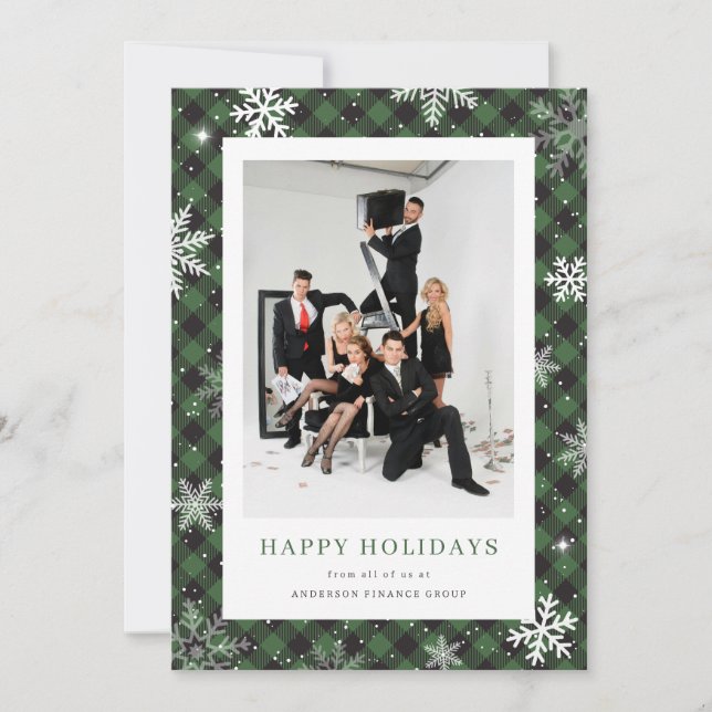 Green Plaid Snowflake Photo Corporate Business Holiday Card (Front)