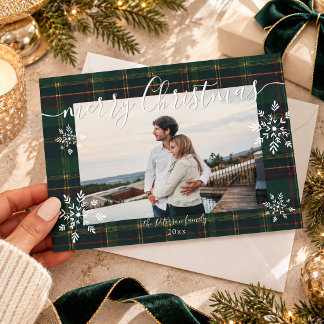 Green Plaid Snowflake Photo Merry Christmas Holiday Card