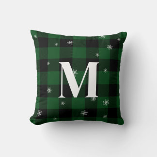 Green Plaid & Snowflakes Monogram Initial Winter Cushion