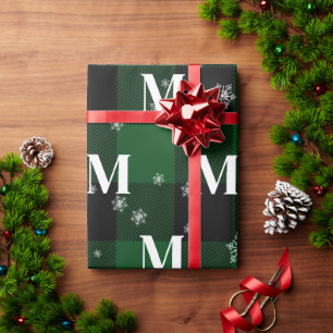 Green Plaid & Snowflakes Monogram Initial Winter Wrapping Paper