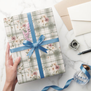 Green Plaid Stripes Burgundy Cream Flowers Birthda Wrapping Paper