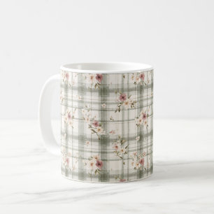 Green Plaid Stripes Burgundy Cream Flowers Coffee Mug