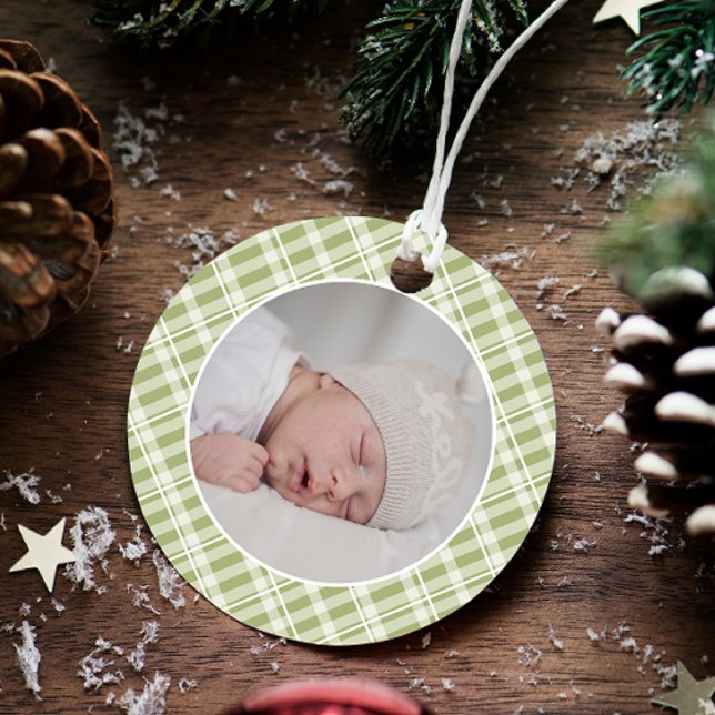 Green Plaid Tartan Photo Christmas Keepsake Ornament (Creator Uploaded)
