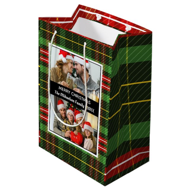 Green Plaid Tartan Photo Collage Merry Christmas Medium Gift Bag (Back Angled)