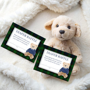 Green plaid teddy bear baby shower diaper raffle  enclosure card