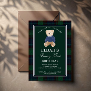 Green plaid teddy bear birthday party invitation