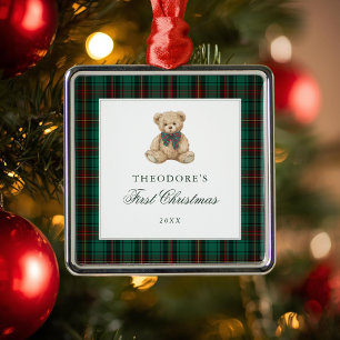 Green Plaid Teddy Bear First Christmas Metal Tree Decoration