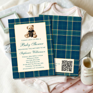 Green Plaid Vintage Teddy Bear QR Code Baby Shower Invitation