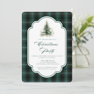 Green Plaid Watercolor Tree Christmas Party Invitation