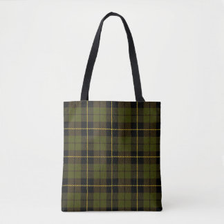 Green plaid with black and yellow stripe tote bag