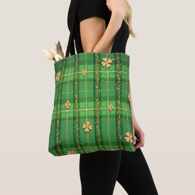 GREEN PLAID WITH GOLD GLITTER LOOK SHAMROCKS TOTE BAG (Close Up)