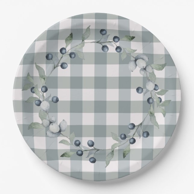 Green Plaid Wreath Buffalo Check Pretty Paper Plate (Front)