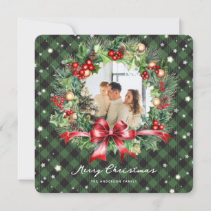 Green Plaid Wreath Photo Merry Christmas Card