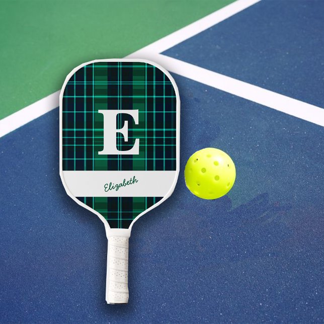 Green Plaids Fun Sporty Custom Monogram & Name Pickleball Paddle (Creator Uploaded)
