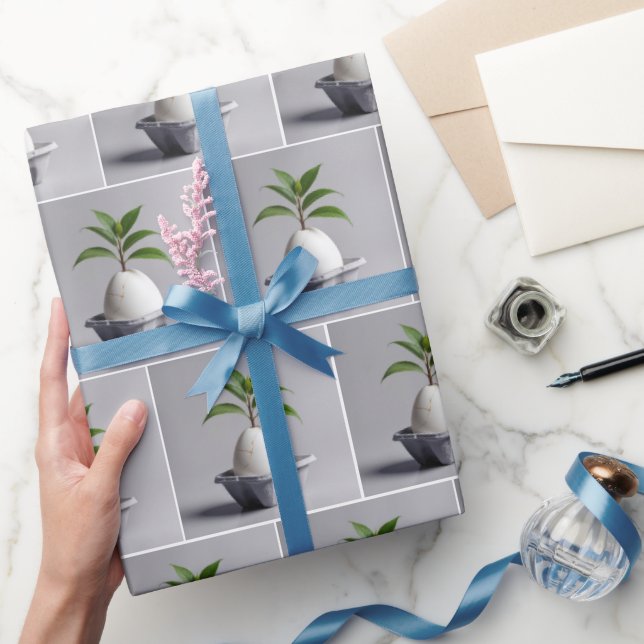 Green Plant Growing Out of a White Egg Wrapping Paper (Gifting)