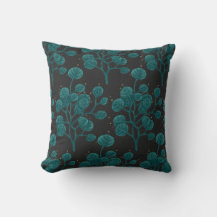 Green Plant Pattern Pen Drawing Black Throw Pillow