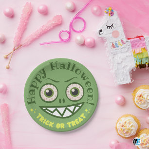 Green Playful Monster Halloween Paper Plate