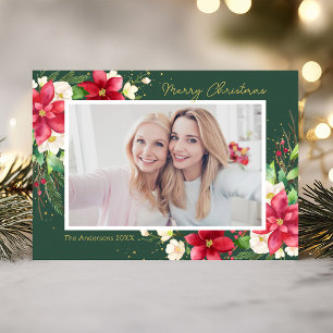 Green Poinsettia Floral Frame Photo Holiday Card