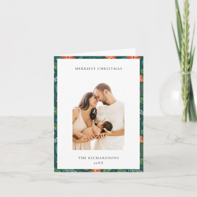 Green Poinsettia Merriest Christmas Pattern Photo Holiday Card (Front)