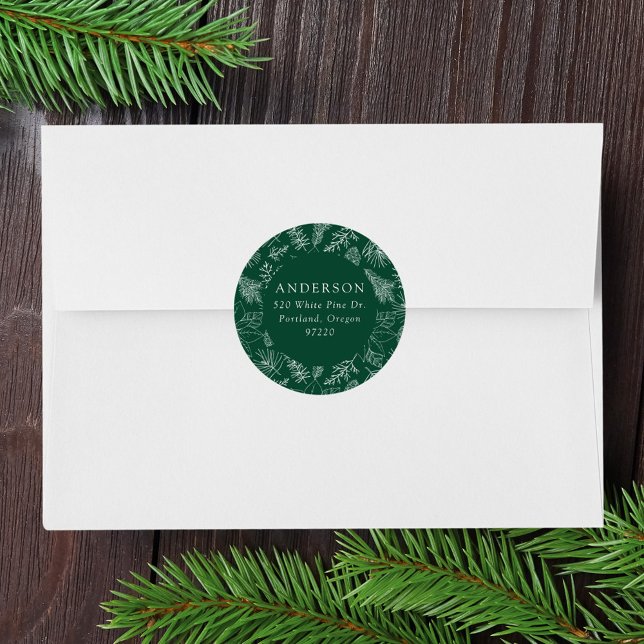 Green Poinsettias and Pinecones Return Address Classic Round Sticker (Creator Uploaded)