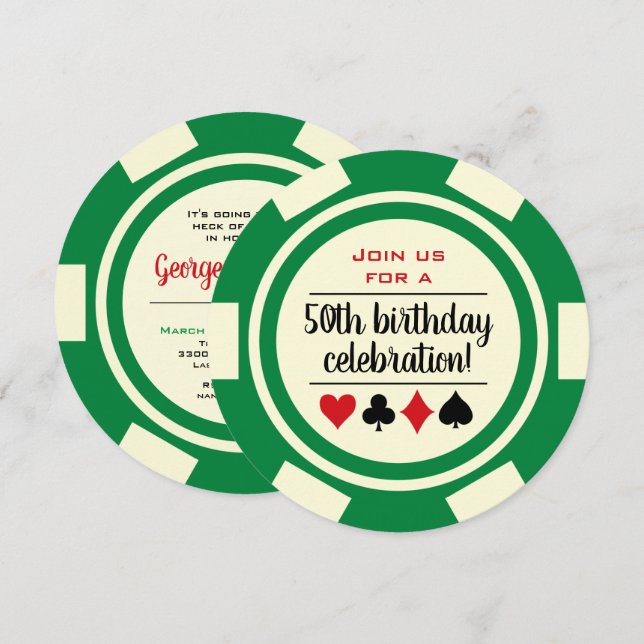 Green Poker Chip Casino Las Vegas Birthday Invitation (Front/Back)