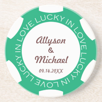 Green poker chip lucky in love wedding anniversary coaster
