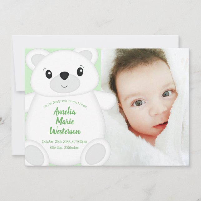 Green Polar Bear Baby Shower Invitation (Front)