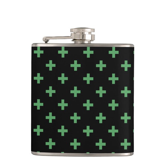 Green polka crosses on black hip flask (Front)