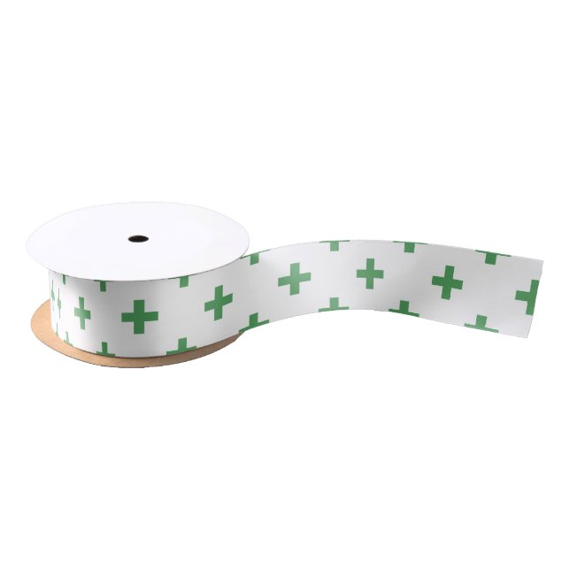 Green polka crosses on white satin ribbon (Spool)