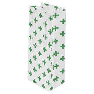 Green polka crosses on white wine gift bag