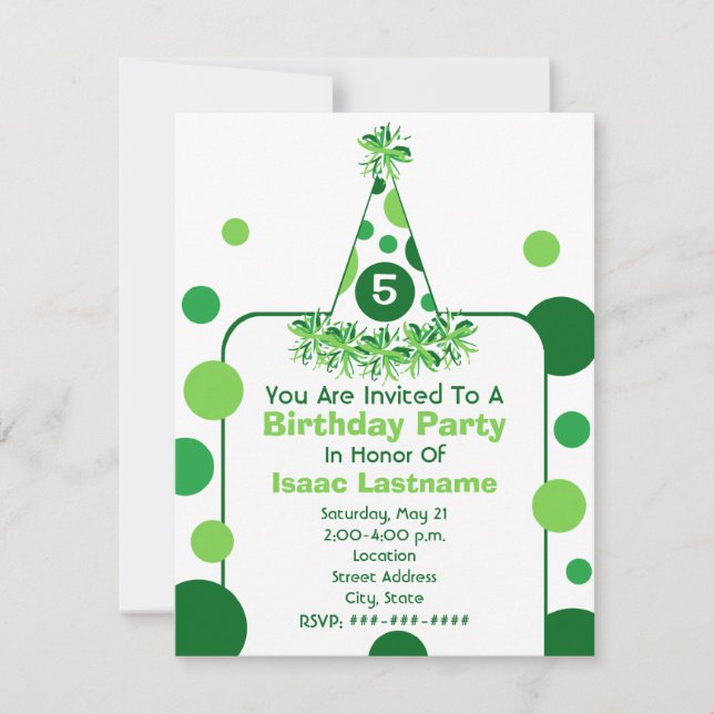 Green Polka Dot Birthday Party Hat Invite (Front)