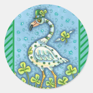 GREEN POLKA DOT FLAMINGO, FUNNY ST. PATRICK'S DAY CLASSIC ROUND STICKER