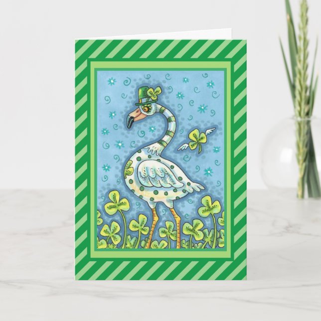 GREEN POLKA DOT FLAMINGO, FUNNY ST. PATRICK'S DAY HOLIDAY CARD (Front)