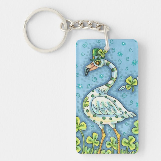 GREEN POLKA DOT FLAMINGO, FUNNY ST. PATRICK'S DAY KEY RING (Front)