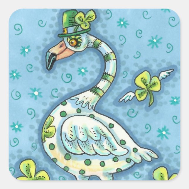 GREEN POLKA DOT FLAMINGO, FUNNY ST. PATRICK'S DAY SQUARE STICKER (Front)