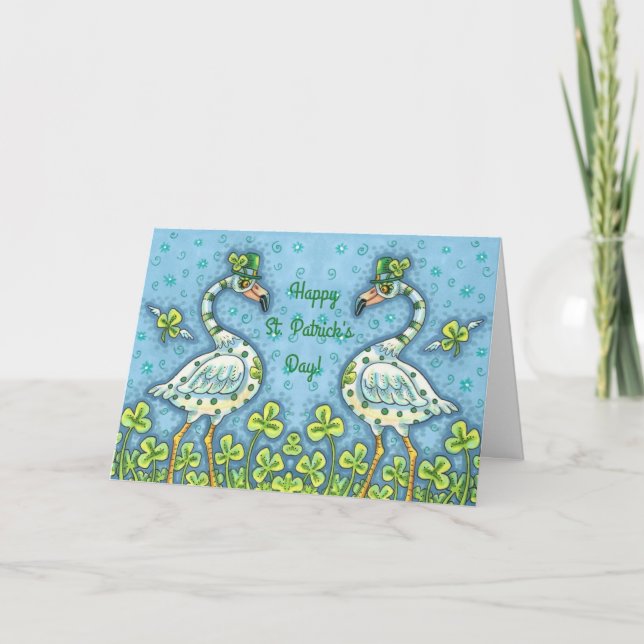 GREEN POLKA DOT FLAMINGOS, FUNNY ST. PATRICK'S DAY HOLIDAY CARD (Front)