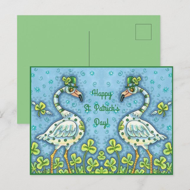 GREEN POLKA DOT FLAMINGOS, FUNNY ST. PATRICK'S DAY HOLIDAY POSTCARD (Front/Back)