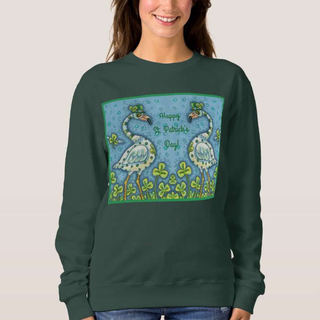 GREEN POLKA DOT FLAMINGOS, FUNNY ST. PATRICK'S DAY SWEATSHIRT (Front)